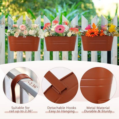 3 Pack Metal Railing Planters, 10.5" Oval Hanging Flower Pots with Detachable Hooks & Drainage Holes, Fits Rails up to 2.36", Galvanized Iron Fence Bucket for Balcony Garden Patio - Terracotta - color: Terracotta, size: 3 Pack, 10.5"L x 5.7"W x 4.7"H