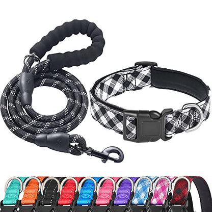 Ladoogo Reflective Dog Collar Padded with Soft Neoprene Breathable Adjustable Nylon Dog Collars for Small Medium Large Dogs (X-Small (Pack of 1), Black Plaid Collar+Leash) - color: Black/White, size: X-Small