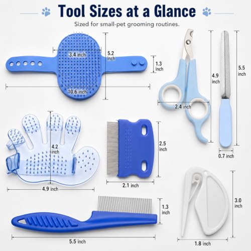 Rabbit Grooming Kit, 7-Piece Bunny Brush and Nail Care, Blue | 7 tools for loose fur, combing, light tangles and nail care; for rabbits, guinea pigs, hamsters and ferrets - color: Blue