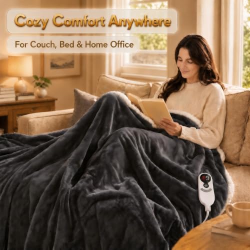 Heated Blanket Electric Throw Size 50''x60'' with 9 Heating Levels, 1-10 Hour Auto Shut Off, Machine Washable, Flannel & Sherpa Double-Sided Soft Warming Blanket for Couch, Bed, Office - Dark Grey - color: 02-dark Grey, size: 50''x60''(Throw)