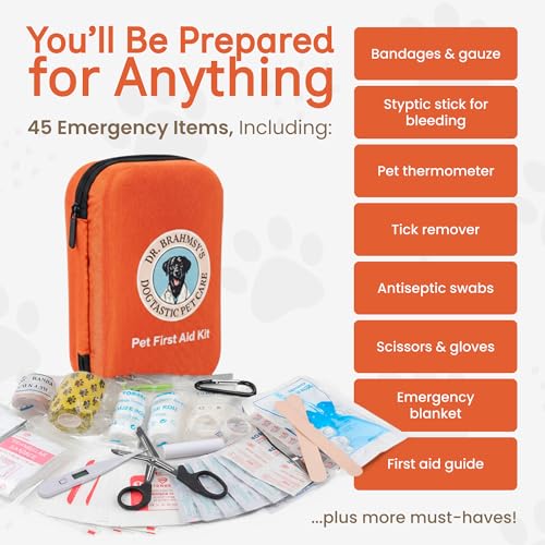 Dr Brahmsy’s Pet First Aid Kit for Dogs and Cats - Vet-Approved Essential Survival and Emergency Supplies for Home, Travel, Camping, Hiking - Packed in a Portable Waterproof Pouch - 45-Piece Set