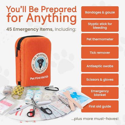 Dr Brahmsy’s Pet First Aid Kit for Dogs and Cats - Vet-Approved Essential Survival and Emergency Supplies for Home, Travel, Camping, Hiking - Packed in a Portable Waterproof Pouch - 45-Piece Set