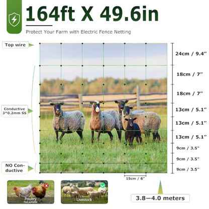 Electric Fence Netting, 49.6" H x 164'L, Electric Poultry Fence, Net Fencing Kit, Movable Livestock Nets for Yard,Backyards,Farms,Ranches, Energizer Not Included - size: 164'L x 49.6" H