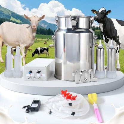 10L Electric Milking Machine for Goats and Cows, Rechargeable Battery Powered with Adjustable Pulse & Vacuum, Portable Single Pulse Control Milker, Suitable for Small Scale Farms & Home Use.