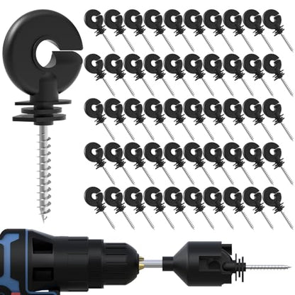 NQN 50 Pcs Black Electric Fence Insulator Screw-in Insulator Fence Ring Post Wood Post Insulator and 1 Pc Free Insulator Socket Tool (Grid System Accessories for Animal Husbandry Electronic)