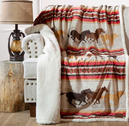 Carstens, Inc. Wrangler Running Horse Country Sherpa Fleece Throw Blanket, Brown, One Size