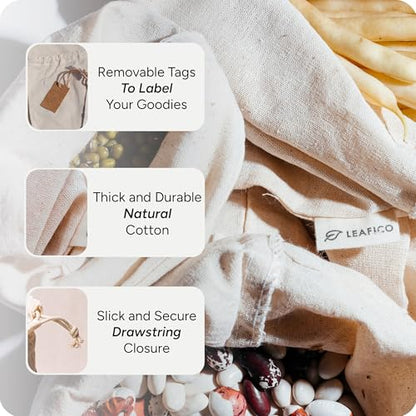 LEAFICO Cotton Storage Bags – X-Large 14x17 Inch (6-Pack) – Reusable Muslin Bags with Drawstrings – Biodegradable Canvas Fabric Sacks – Perfect for Bread, Bulk Produce, Potatoes, Onions, Shoes - size: X-Large 14x17"(6pack)