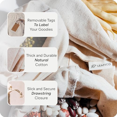 LEAFICO Multipurpose Eco Cloth Bags - Large 10x12 Inch (12 Pack) - Cotton Produce Storage Sacks - Muslin Drawstring Pouches for Vegetables - Bread Bags - Fabric Sachets - size: Large 10x12"