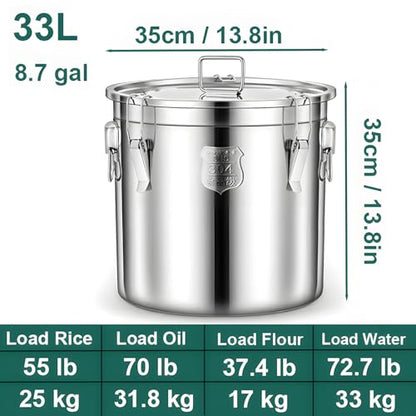 304 Stainless Steel Airtight Canister, Metal Cereal Flour Storage Container with Carry Handle Sealed Lid Coffee Canisters for Household Kitchen Bean Oil Milk Barrel (33L/8.7Gal) - size: 33L/8.7Gal