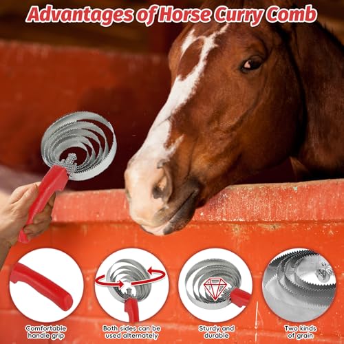 kathson 5 Rings Curry Comb Horse Brush Scraper Reversible Stainless Steel Livestock Shedding Comb with Soft Touch Grip for Dog Horse Grooming Supplies (Red) (Pack of 2) - size: 5.1x9.8 Inch (Pack of 2)