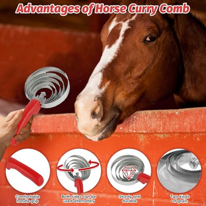 kathson 5 Rings Curry Comb Horse Brush Scraper Reversible Stainless Steel Livestock Shedding Comb with Soft Touch Grip for Dog Horse Grooming Supplies (Red) (Pack of 2) - size: 5.1x9.8 Inch (Pack of 2)