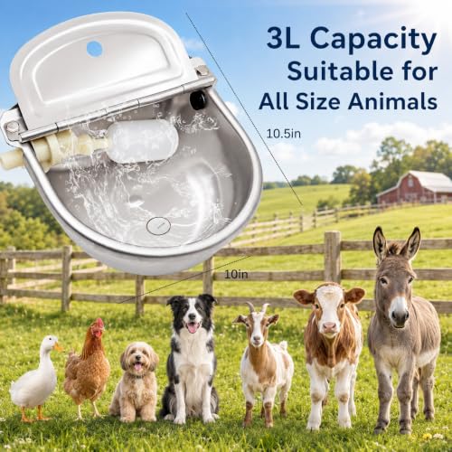 Dog Water Bowl Dispenser, Automatic Pet Water Dispenser, 3L Outdoor Stainless Steel Drinking Trough, Livestock Waterer with Float Valve and Drain Hole for Horses, Goats and Cattle