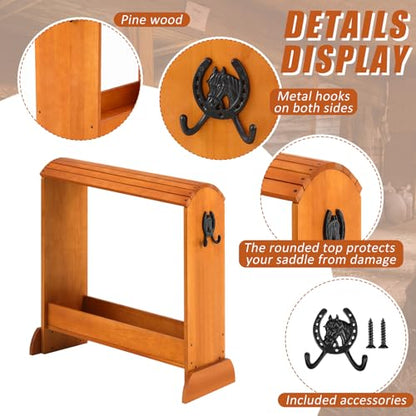 Pine Wood Saddle Rack 30" x 25.6" x 12" Horse Saddle Rack Stand for Western Saddles and Horse Tack Organizers Heavy Duty Tack Storage Accessories with 2 Hooks(Regular,Walnut)