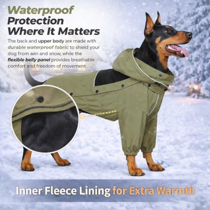 LOVELONGLONG Fleece-Lined Dog Raincoat with Removable Hood – Waterproof Winter Full Body Dog Jacket – Windproof Snowproof Cold-Weather Suit – Green-F M - color: Sage Green Fleeced, size: M (Back 14")