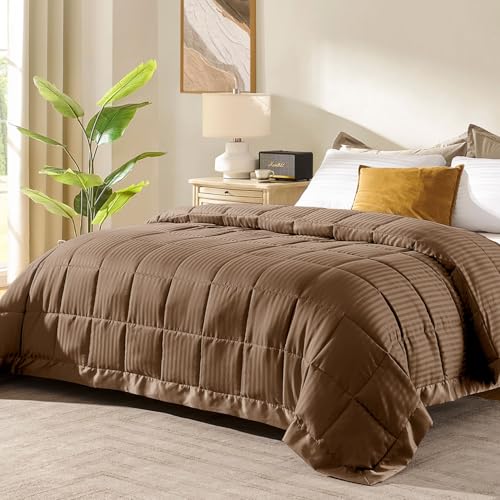 downluxe Queen Size Blanket with Satin Trim, Lightweight Down Alternative Blankets Queen Size for All Season, Machine Washable (Brown, 90x90 Inch) - color: Brown, size: Queen