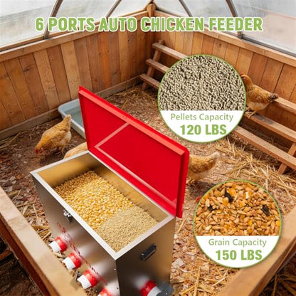 150LB Automatic Chicken Feeder, No-Waste Metal Poultry Feeder with 6 Ports, Predator-Proof Latch & Weatherproof Design, Includes Anti-Tip Ground Stakes & Vegetable Hanging Feeder - size: 150LB-6 Ports