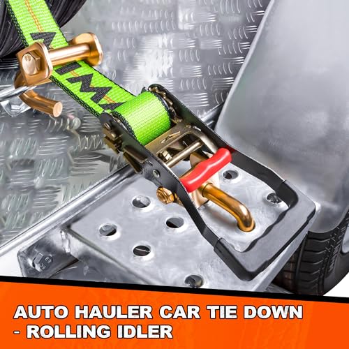 2" x 10'Car Hauler Straps,4Pack,Wheel Strap w/Swivel J Hook Idler | Tire Tie Down Straps with 3 Rubber Blocks Use for Car, Truck, ATV, Heavy Duty Ratchet Vehicle Trailer Tie Down Kit