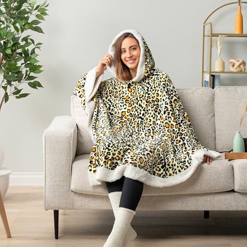 PAVILIA Hooded Blanket Poncho for Women Fleece Wearable Shawl Wrap, Cheetah | Fleece Shawl Wrap with Hood, Adult Wearable Blanket, Cozy Warm Poncho Cape Throw with Pockets, Gift for Elderly Mom - color: Cheetah