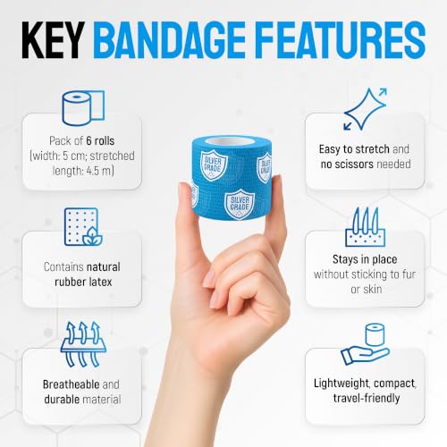 SILVER GRADE Vet Wrap for Horses, Cats, Birds & Other Animals – First Aid Dog Bandages for Wounds to Stop Licking & Scratching – 6 Rolls of Elastic Self-Adhering Bandages with Natural Rubber Latex