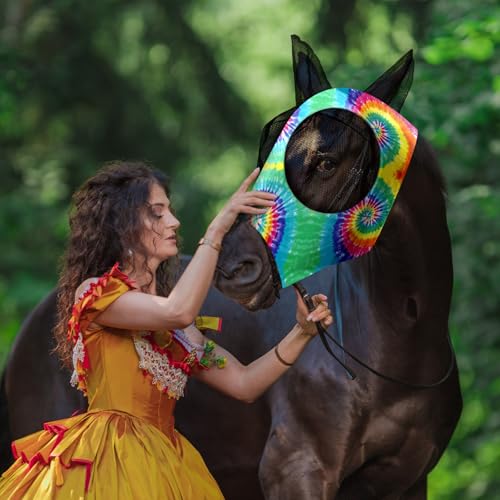 Weewooday 2 Pieces Horse Fly Masks for Horses Soft Fly Masks for Ears Smooth and Elasticity Mask with UV Protection(Tie-dye Pattern,L) - size: L