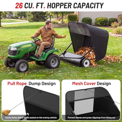 Suchtale 52 Inch Tow Behind Lawn Sweeper with 26 Cu Ft Hopper | 52 Inch Sweeping Path, 26 Cu Ft Hopper, Adjustable Brush Height, Dumping Rope, Steel Frame, Lawn Tractor Attachment - size: 52''