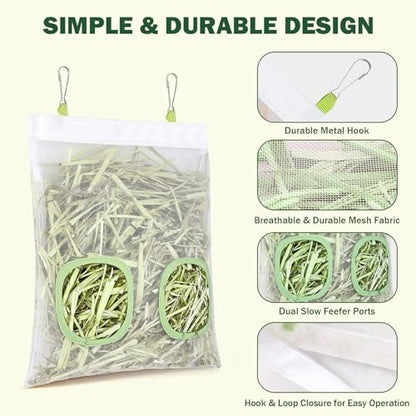 Mesh Guinea Pig Hay Feeder Bag for Guinea Pigs Rabbits Chinchillas, Hanging 2-Hole Hay Dispenser Breathable Wear-Resistant (White) - color: white