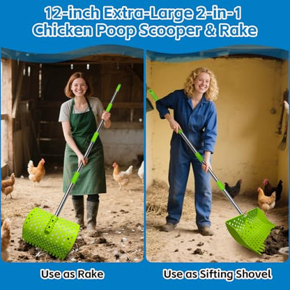 2-in-1 Chicken Poop Scooper & Rake, 20–61" Extendable Handle