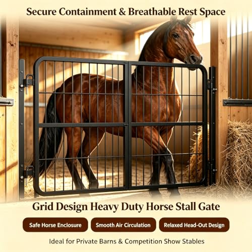 1 Inch Thick Steel Horse Stall Gate, Two-Way Opening Ventilated Horse Stall Guard, Heavy Duty Height Adjustable Grid Metal Stall Front Gate for Daily Home Barn Show Stable Use - size: 48"Wx24"H