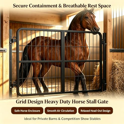 1 Inch Thick Steel Horse Stall Gate, Two-Way Opening Ventilated Horse Stall Guard, Heavy Duty Height Adjustable Grid Metal Stall Front Gate for Daily Home Barn Show Stable Use - size: 48"Wx24"H