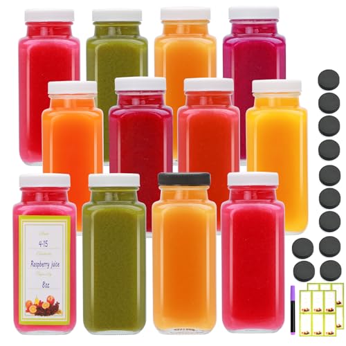 Juice Bottles With Caps 8 oz,12 Pack Glass Juicing Bottles Reusable - size: 8 Ounces