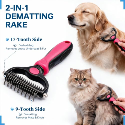 Pet Grooming Comb, Deshedding Dog Brush & Undercoat Rake, Rose Red - color: Rose Red