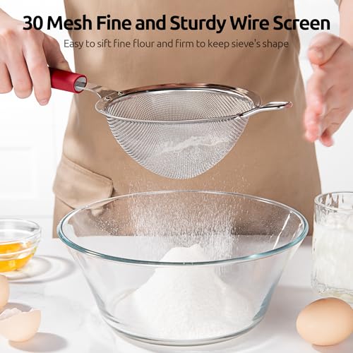 U-Taste Fine Mesh Strainer, 18/8 Stainless Steel Sieve 30 Mesh, M/Red | Kitchen Strainer with Silicone Handle, 4.73in Medium Food Sieve, Metal Colander for Rinsing Rice, Quinoa, Flour, Berry Seed - color: (4) Red, size: M-4.73in