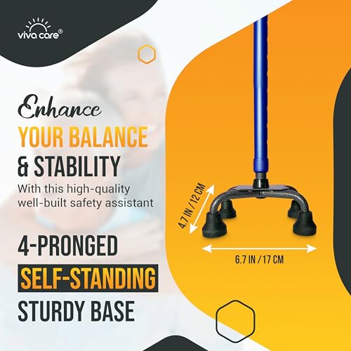 Walking Cane with 4 Prongs and Extra Side Handle – Adjustable, for Balance & Stability for Adults, Seniors, and Injured. - color: Blue