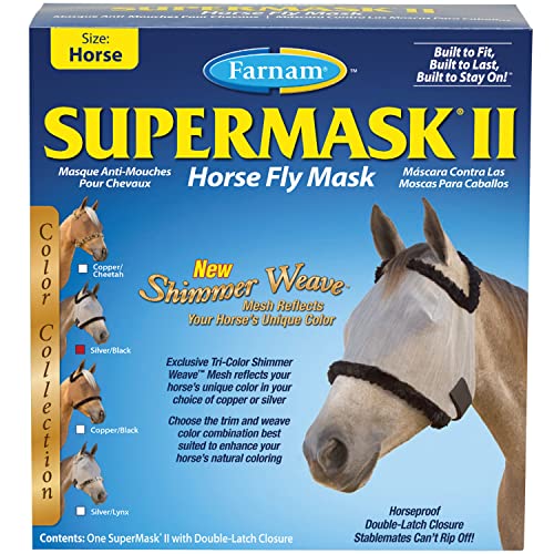 Farnam SuperMask II Shimmer Weave Mesh Horse Fly Mask Without Ears, Eye Protection from Insect Pests, Soft Silver Mesh with Black Plush Trim, Horse Size - size: Horse, style: Foal, Yearling, Small Horse/Arabian, Horse, Extra Large