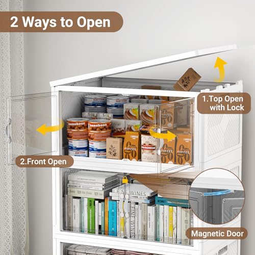 BROVIEW 400QT Large Stackable Storage Bins with Clear Doors, V20 4Pack | 100Gal Plastic Closet Organizer Cabinet with Lid and Wheels, Collapsible Latch Box Folding Drawer for Home, White - size: 100QT-4Pack