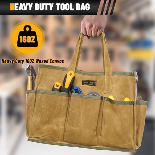 16OZ Waxed Canvas Tool Tote Bag | Large-Capacity Tool Storage Tote with 10 External Pockets | Multi-Purpose Garden Tool Carrier for Gardening, Wrench, and Carpentry Tools – Khaki - color: Khaki