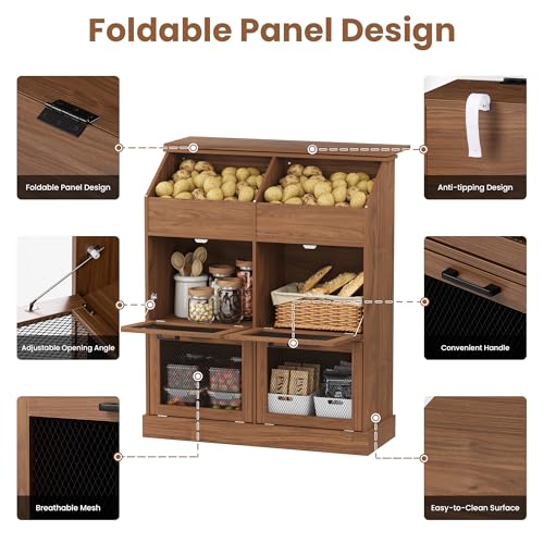 COSIEST Oversized Potato Storage Bin, 47'' High Wooden Bread Box with Adjustable Door Hinge, Farmhouse Potato and Onion Storage Bin with 4 Mesh Doors, Kitchen Fruit and Vegetable Storage Cabinet