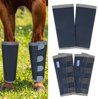 Fly Boots for Horses Set of 4 with Reflective Vercros, Loose Fitting Mesh Horse Fly Boots Leggings, Adjustable Equine Leg Wraps & Socks, Stay Up Not Sag, No Rub - color: Black Blue