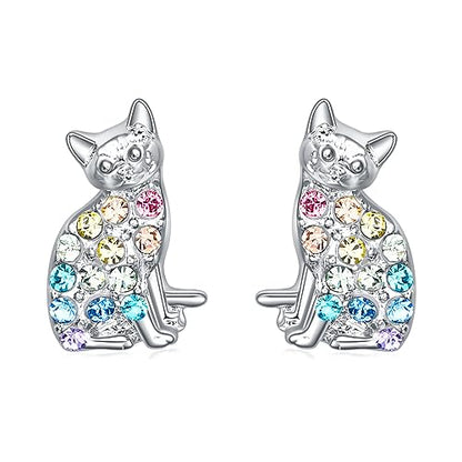 Cat Dinosaur Dragon Horse Stud Earrings for Women,Animal Wolf Sloth Fox LLama Butterfly Earrings Gifts Jewelry - color: Stud Kitty Cat