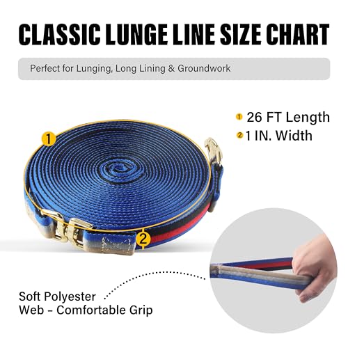 26FT Horse & Dog Training Leash - Lunge Line with 360° Swivel Snaps - color: Royal Blue/Red/Black