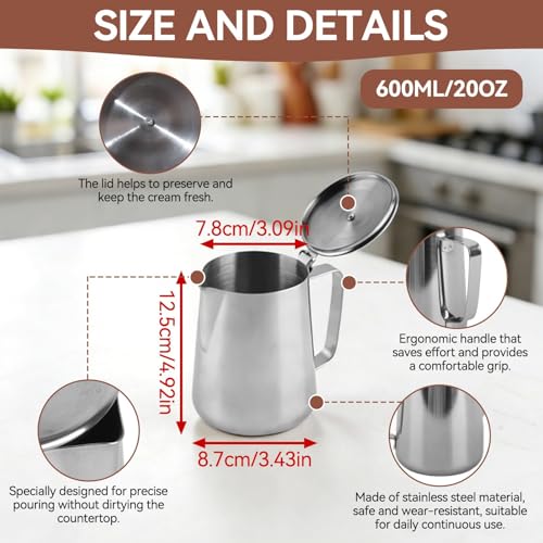 Stainless Steel Pitcher with Lid, 600ml Stainless Steel Milk Frothing Pitcher Coffee Latte Frothing Art Jug Pitcher Mug Cup for Latte Coffee Art for Office Kitchen - size: 600ML