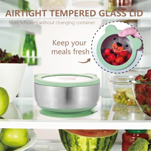 MR. CHOU Baby Bowls with Non-Slip Silicone Suction Cup, Insulated Double-Layer 18/8 Stainless Steel Toddler Bowls with BPA Free Airtight Lids, Food-Grade Silicone Safe for Kids (Green) - color: Green