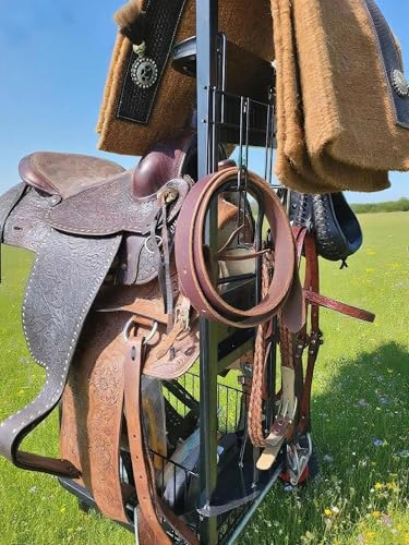Rolling Horse Saddle Rack Cart Foldable Saddle Pad Rack Stand 3 Tier Heavy Duty with Removable Saddle Stands & Storage Basket, Horse Tack Organizer for Stable Storage, Moving, Transport Supplies