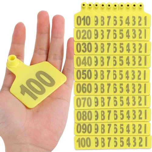 100PCS Cattle Ear Tags Large Size - Plastic Livestock Ear Tags 001-100 Number Farm Animal Tags ID Tags Ear Tagger Cattle Ear Tags for Cow Cattle Sheep Goats Pigs Hogs Mark Label (Yellow) - color: Yellow