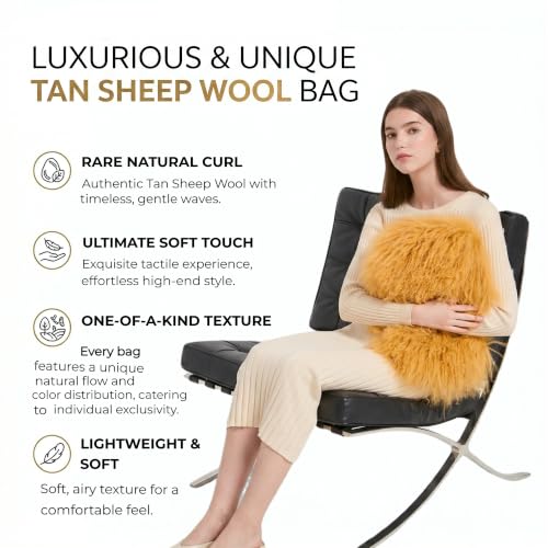Women Luxury Real Curly Mongolian Lamb Fur Purse - color: Camel