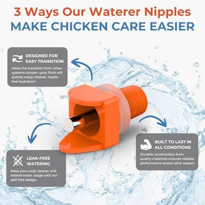 Lil'Clucker Horizontal Chicken Waterer Nipples, Pack of 15 Chicken Nipple Waterer with Drill Bits, Easy Install Automatic Chicken Waterer System, No Leak Chicken Water Feeder, Poultry Waterer - Orange - color: Orange
