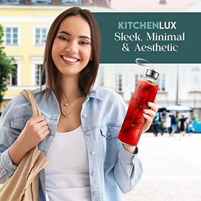Kitchen Lux 18oz Glass Water Bottles – Pack of 12 Nylon Protective Sleeves, Airtight Screw Top Lids, Portable Carrying Loops - Lead, PVC and BPA Free - Water, Milk, Smoothie, Juice Beverage Glasses