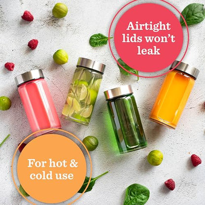 Juice Bottles - 4 Pack Wide Mouth Glass Bottles & Stainless Steel Lids,10oz | 4-Pack Glass Bottles for Juicing, Smoothies, Beverage Storage, BPA-Free, Leakproof, Reusable, Borosilicate Glass Jars, Clear - size: 10 oz