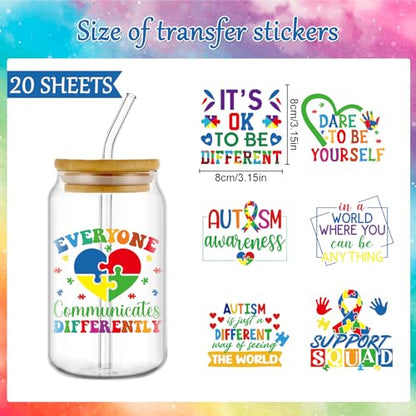 Rngmsi UV DTF Cup Wrap - 20 Sheets Autism Awareness UVDTF Cup Wraps for 16 oz Glass, Colorful Puzzle Decals for Mugs Water Botters, Waterproof Rub on Transfer Stickers, DIY Crafts - style: Autism Awareness