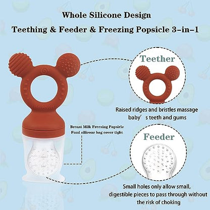 Baby Fruit Feeder, Frozen Teething Toys for Babies, Teether Pacifier with 3 Extra Teats, Eating Essentials, BPA Free Baby Feeding Supplies (Copper) - color: Red